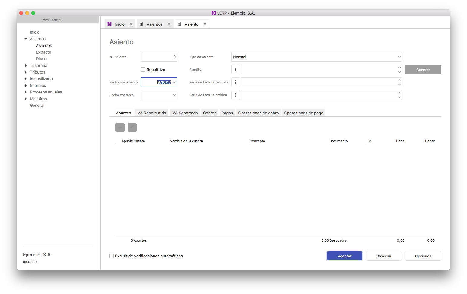 Formulario de grabación de asientos